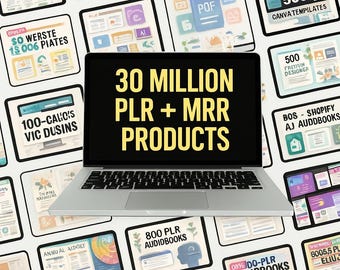 May include: A laptop computer with a black screen displaying the text "30 MILLION PLR + MRR PRODUCTS". The laptop is surrounded by a collage of colorful digital product covers, including ebooks, audiobooks, and templates.