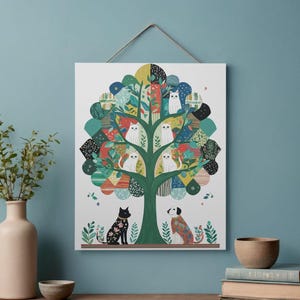 May include: A colourful art print depicting a tree with a patchwork design. White cats are in the branches, with a black cat and a dog at the base. The artwork is displayed on a blue wall.