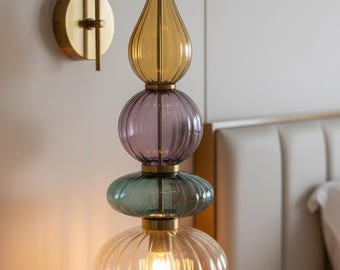 Colorful Glass Wall Sconce, Handmade Brass Wall Lamp, Modern Bathroom Vanity Light, Ribbed Glass Fixture, Bedside Wall Lighting