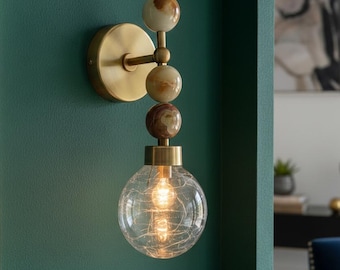 Onyx Stone Wall Sconce – Crackle Glass Brass Light