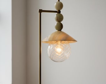 Handmade Onyx Table Lamp | Brass Structure & Hand-Blown Patterned Glass Shade