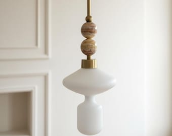 Handmade Marble Pendant Light with Natural Onyx Stones | Blown Glass Hanging Light