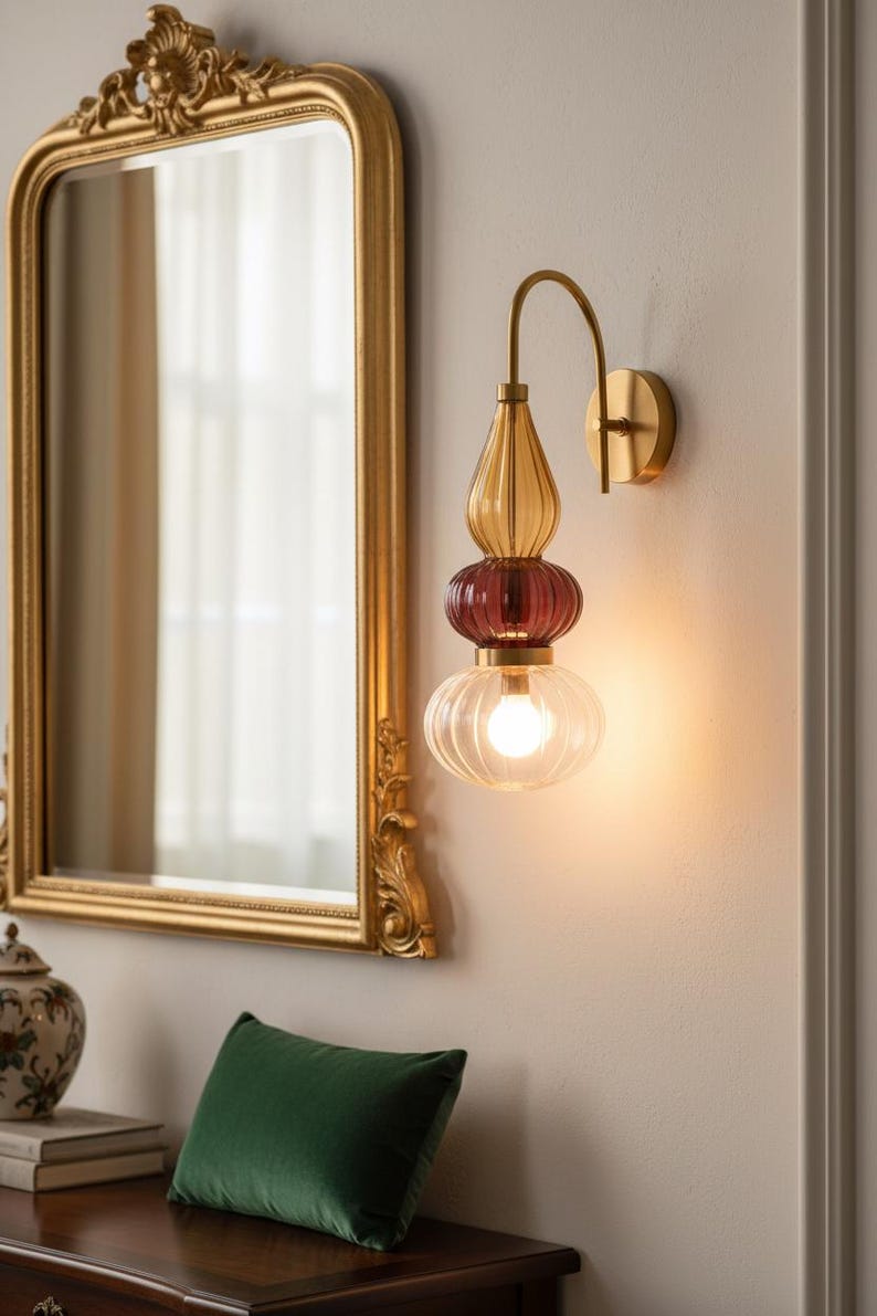 Murano Style Blown Glass Wall Sconce – Amber Red Ribbed Glass Wall ...