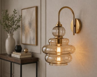 Amber Glass Wall Sconce, Brass Wall Light, Modern Bathroom Vanity Light, Handmade Glass Lamp, Bedside Wall Lighting Fixture