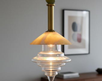 Handmade Onyx & Brass Pendant Light | Sculptural Blown Glass Hanging Lamp | Modern Stone Lighting