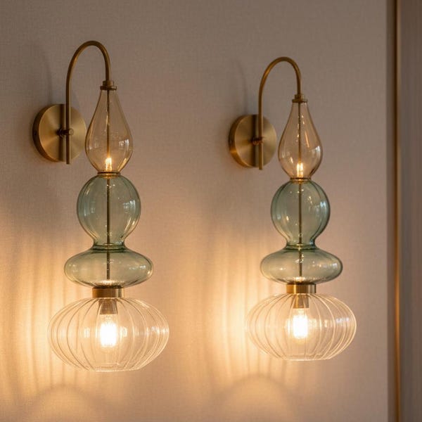 Brass Wall Sconce – Blown Glass Bathroom Vanity Light, Art Deco Bedside Wall Lamp, Indoor Wall Lighting-Hallway or entryway, Art Deco Style.