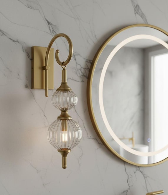 Brass Wall Sconce – Bathroom Vanity Wall Light, Vintage Art Deco Indoor Wall Lamp, Blown Glass Ribbed Sconce