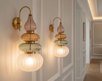 Murano Style Ribbed Glass Wall Sconce, Stacked Glass Wall Light, Brass Wall Lamp, Multicolor Glass Lighting, Handmade Modern Wall Fixture