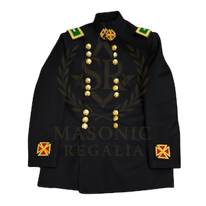 May include: Black Masonic regalia jacket with gold buttons and decorative emblems. The jacket features gold epaulets with green accents and a double-breasted design. The text "MASONIC REGALIA" is visible on the jacket.