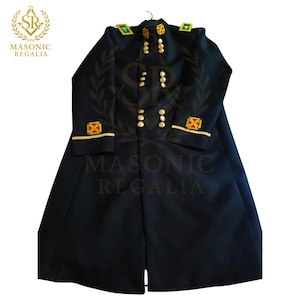 May include: A black Masonic regalia coat with gold buttons and trim. The coat features green and gold shoulder patches and red and gold emblems on the sleeves. The text "MASONIC REGALIA" is visible.