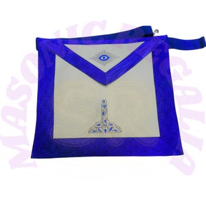 May include: Blue and white Masonic apron with an all-seeing eye and a symbol of a trowel.