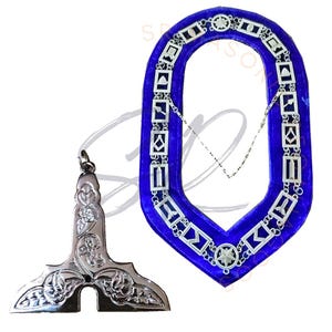 Masonic Senior Warden Jewel & Blue Velvet Chain Collar: Silver Plated Regalia