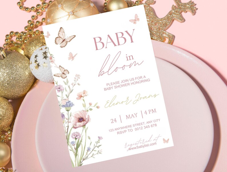 Inbjudan till babyshower med blommig fjäril, mall för babyshowerinbjudan (digital nedladdning) bild 11