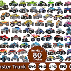 Puede incluir: Un conjunto de 80 diseños de monster trucks en varios colores y estilos. Los camiones presentan neumáticos grandes y gráficos detallados. La imagen incluye el texto "Bundle of 80 Design" e iconos de tipo de archivo para SVG, PNG, JPG, EPS y DXF.