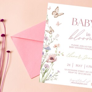 Inbjudan till babyshower med blommig fjäril, mall för babyshowerinbjudan (digital nedladdning) bild 12