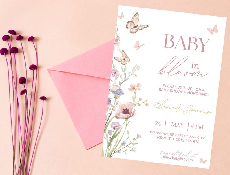 Inbjudan till babyshower med blommig fjäril, mall för babyshowerinbjudan (digital nedladdning) bild 12