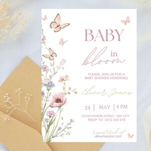 Inbjudan till babyshower med blommig fjäril, mall för babyshowerinbjudan (digital nedladdning) bild 6