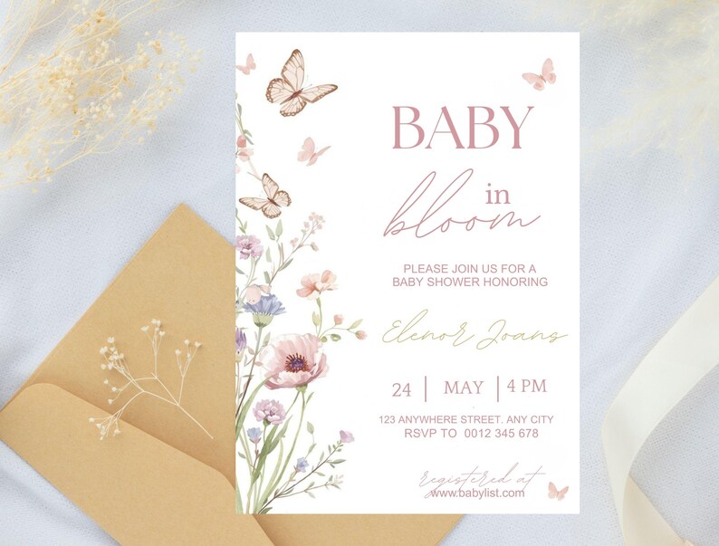 Inbjudan till babyshower med blommig fjäril, mall för babyshowerinbjudan (digital nedladdning) bild 6