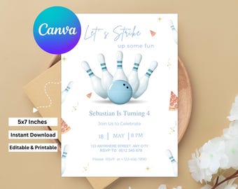 Bowling Birthday Invitation, Strike up some fun, Blue Kids Party, Canva Editable (Digital Download)