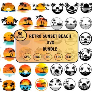 Retro zonsondergang SVG, strand SVG-bundel, palmboom tropische ontwerpen (digitale download)