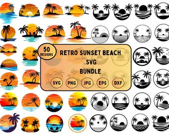 Retro solnedgång SVG, strand SVG-paket, tropiska palmträddesigner (digital nedladdning)