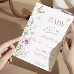 Inbjudan till babyshower med blommig fjäril, mall för babyshowerinbjudan (digital nedladdning) bild 3