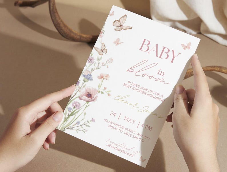 Inbjudan till babyshower med blommig fjäril, mall för babyshowerinbjudan (digital nedladdning) bild 3