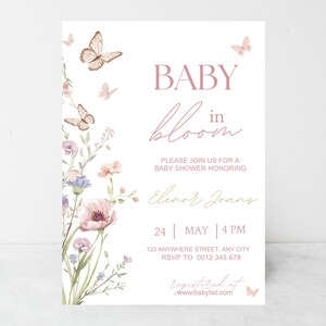 Inbjudan till babyshower med blommig fjäril, mall för babyshowerinbjudan (digital nedladdning) bild 13