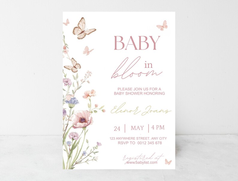Inbjudan till babyshower med blommig fjäril, mall för babyshowerinbjudan (digital nedladdning) bild 13