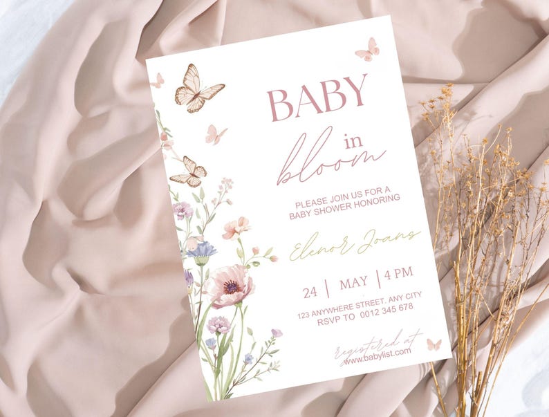 Inbjudan till babyshower med blommig fjäril, mall för babyshowerinbjudan (digital nedladdning) bild 8