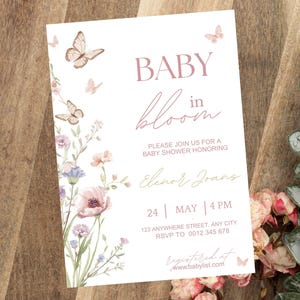 Inbjudan till babyshower med blommig fjäril, mall för babyshowerinbjudan (digital nedladdning) bild 4