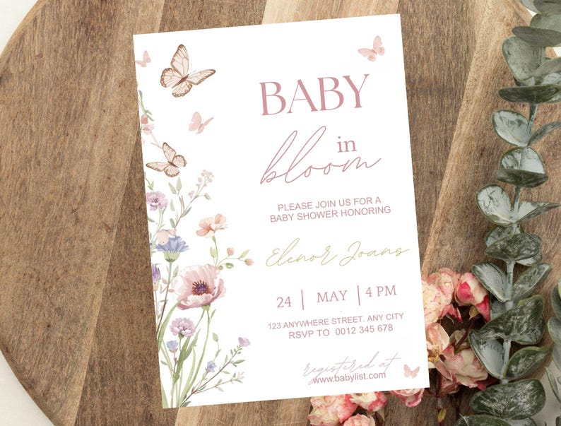 Inbjudan till babyshower med blommig fjäril, mall för babyshowerinbjudan (digital nedladdning) bild 4
