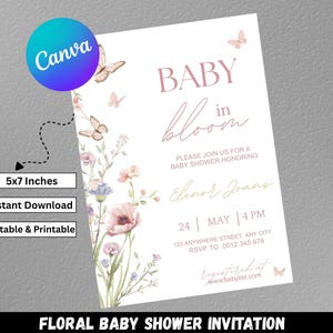 Inbjudan till babyshower med blommig fjäril, mall för babyshowerinbjudan (digital nedladdning) bild 1