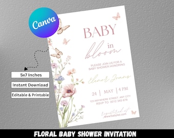 Baby in Bloom Invite, Floral Butterfly Baby Shower Invitation Template (Digital Download)