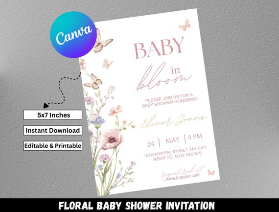 Baby in Bloom Invite, Floral Butterfly Baby Shower Invitation Template (Digital Download)