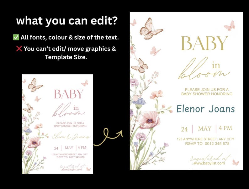 Inbjudan till babyshower med blommig fjäril, mall för babyshowerinbjudan (digital nedladdning) bild 17
