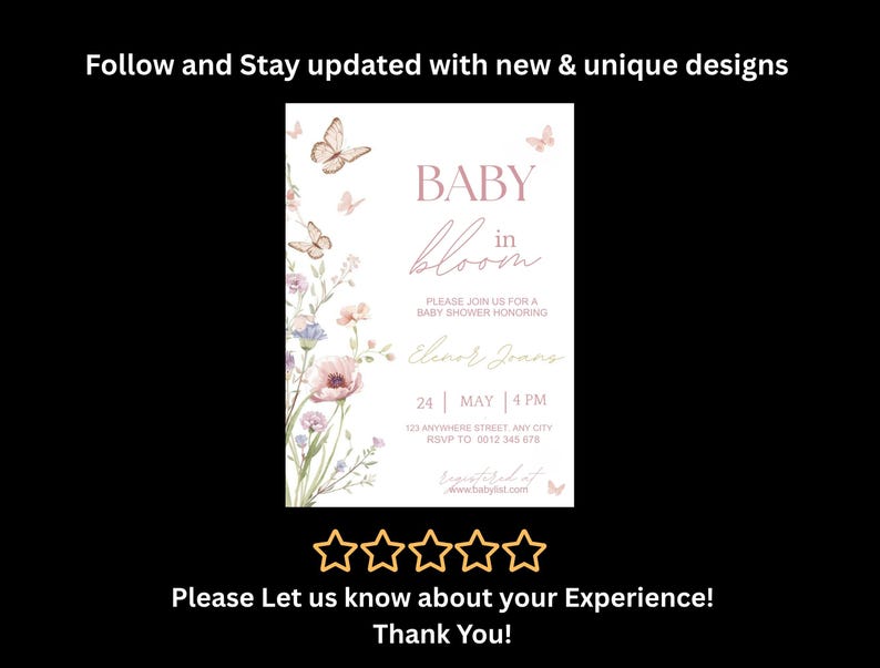 Inbjudan till babyshower med blommig fjäril, mall för babyshowerinbjudan (digital nedladdning) bild 19