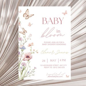 Inbjudan till babyshower med blommig fjäril, mall för babyshowerinbjudan (digital nedladdning) bild 5