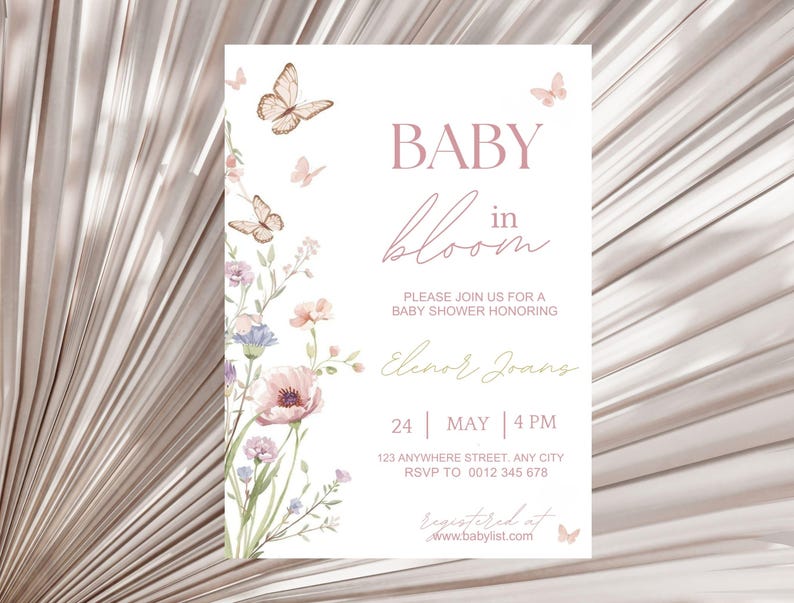 Inbjudan till babyshower med blommig fjäril, mall för babyshowerinbjudan (digital nedladdning) bild 5
