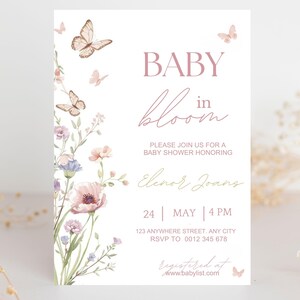Inbjudan till babyshower med blommig fjäril, mall för babyshowerinbjudan (digital nedladdning) bild 9