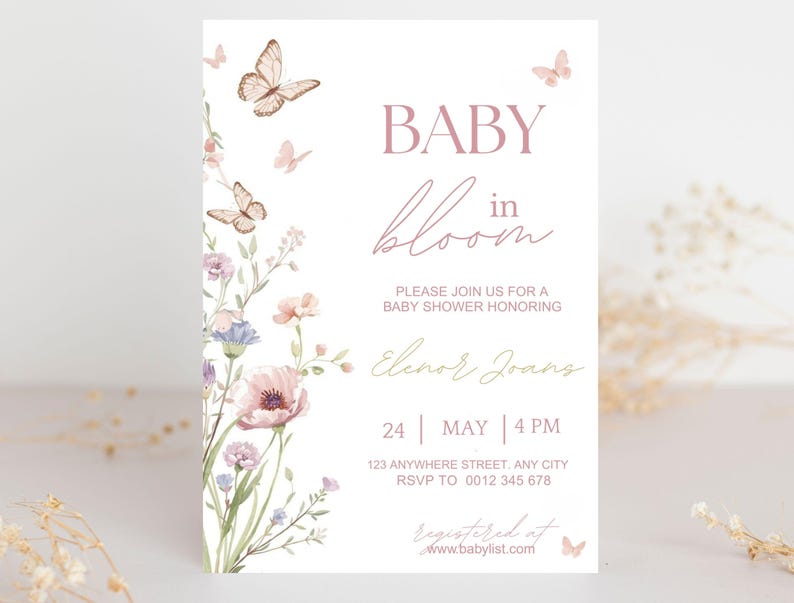 Inbjudan till babyshower med blommig fjäril, mall för babyshowerinbjudan (digital nedladdning) bild 9