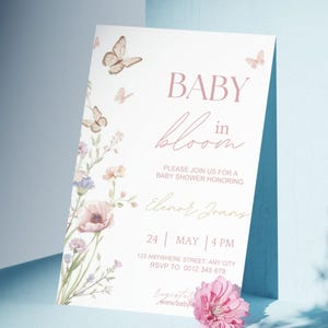 Inbjudan till babyshower med blommig fjäril, mall för babyshowerinbjudan (digital nedladdning) bild 2