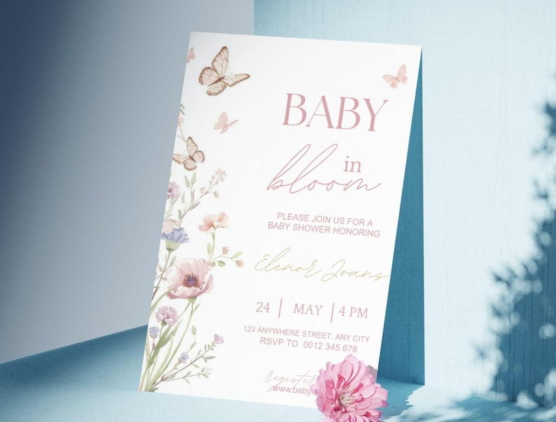 Inbjudan till babyshower med blommig fjäril, mall för babyshowerinbjudan (digital nedladdning) bild 2