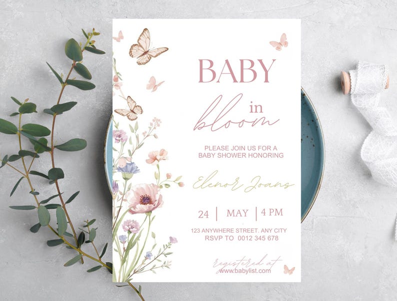 Inbjudan till babyshower med blommig fjäril, mall för babyshowerinbjudan (digital nedladdning) bild 10