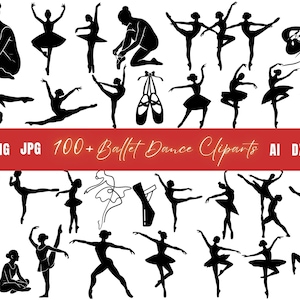 May include: A collection of over 100 black ballet dance clip art silhouettes in various poses. The image includes text that reads "100+ Ballet Dance Cliparts" and file type abbreviations. The silhouettes depict dancers in motion.