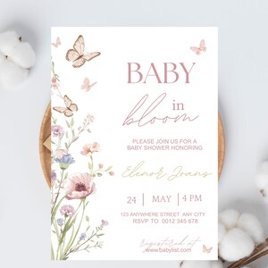 Inbjudan till babyshower med blommig fjäril, mall för babyshowerinbjudan (digital nedladdning) bild 14