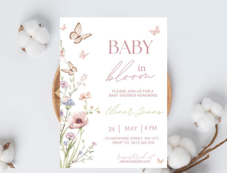 Inbjudan till babyshower med blommig fjäril, mall för babyshowerinbjudan (digital nedladdning) bild 14