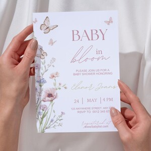 Inbjudan till babyshower med blommig fjäril, mall för babyshowerinbjudan (digital nedladdning) bild 7