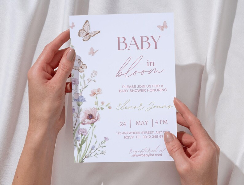 Inbjudan till babyshower med blommig fjäril, mall för babyshowerinbjudan (digital nedladdning) bild 7