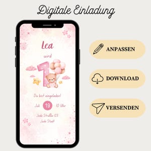 Einladung 1. Geburtstag Mädchen | WhatsApp Save the Date Karte Kindergeburtstag mit Teddybär & Luftballons | Digitale eCard mit Musik